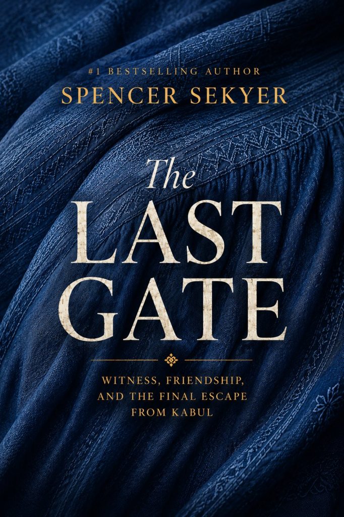 Concept cover for The Last Gate by Spencer Sekyer: ivory and gold lettering on deep blue embroidered fabric
